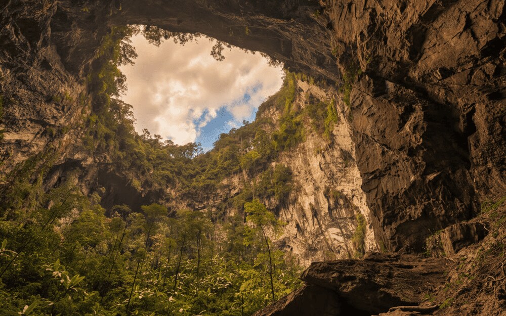 Son Doong is pierced by two gargantuan sinkholes, or 'dolines,' that open the cave to the sky above....